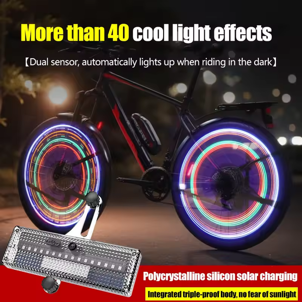 Solar-Powered Bicycle Wheel Hub Lights Over 40 Stunning Light Effects in Sequential Cycle Intelligent Dual-Sensor Activation + Type-C Dual Charging Modes
