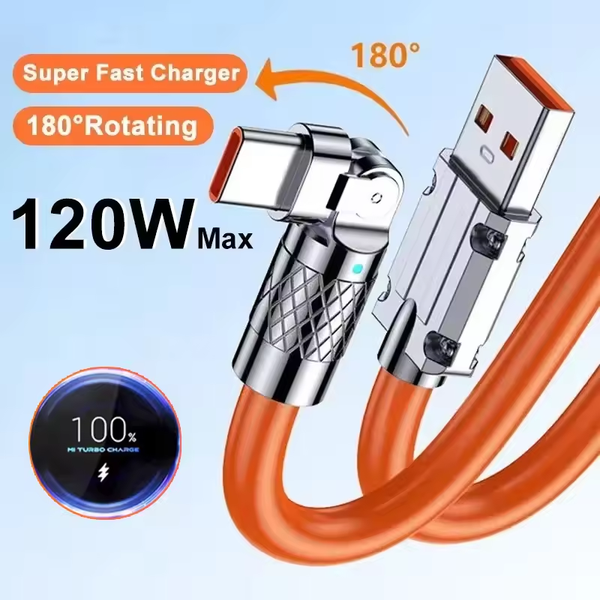 120W 7A Fast Charge USB Type C Cable 180 Degree Rotation Elbow Cable