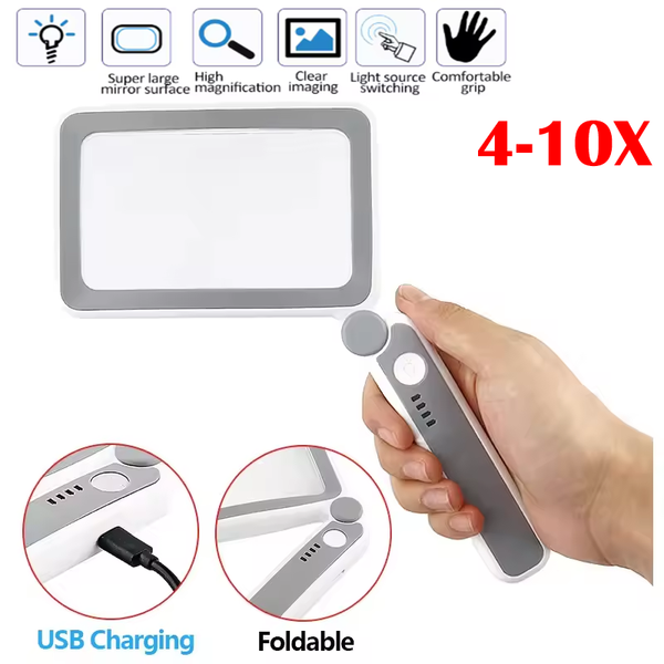 10X Folding Rechargeable Reading Magnifying Glass with 10 LED Lights Handheld Illuminated Magnifier Folding Loupe Large Lens