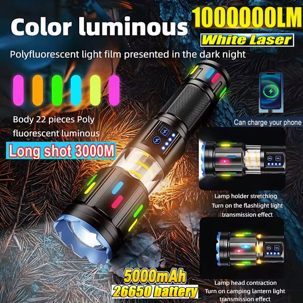 100000LM 2-in-1 White Laser Zoom Power Bank Flashlight Camping Light with 5000mAh 26650 High-Capacity Battery 3000m+ Long-Range Beam 22pcs Fluorescent Night-Glow Ambient Lighting 8-Mode Alloy Tactical Design