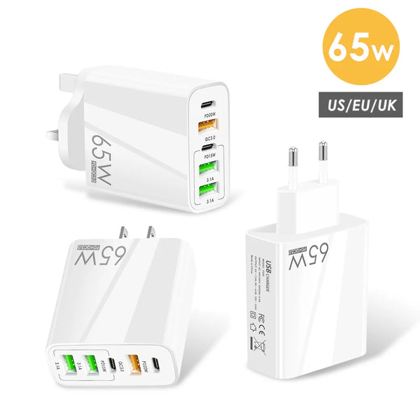 PD65W 5 Ports Fast Charger USB+Type C GaN Charger with 3USB and 2PD Type-C Charger US/EU/UK Plug