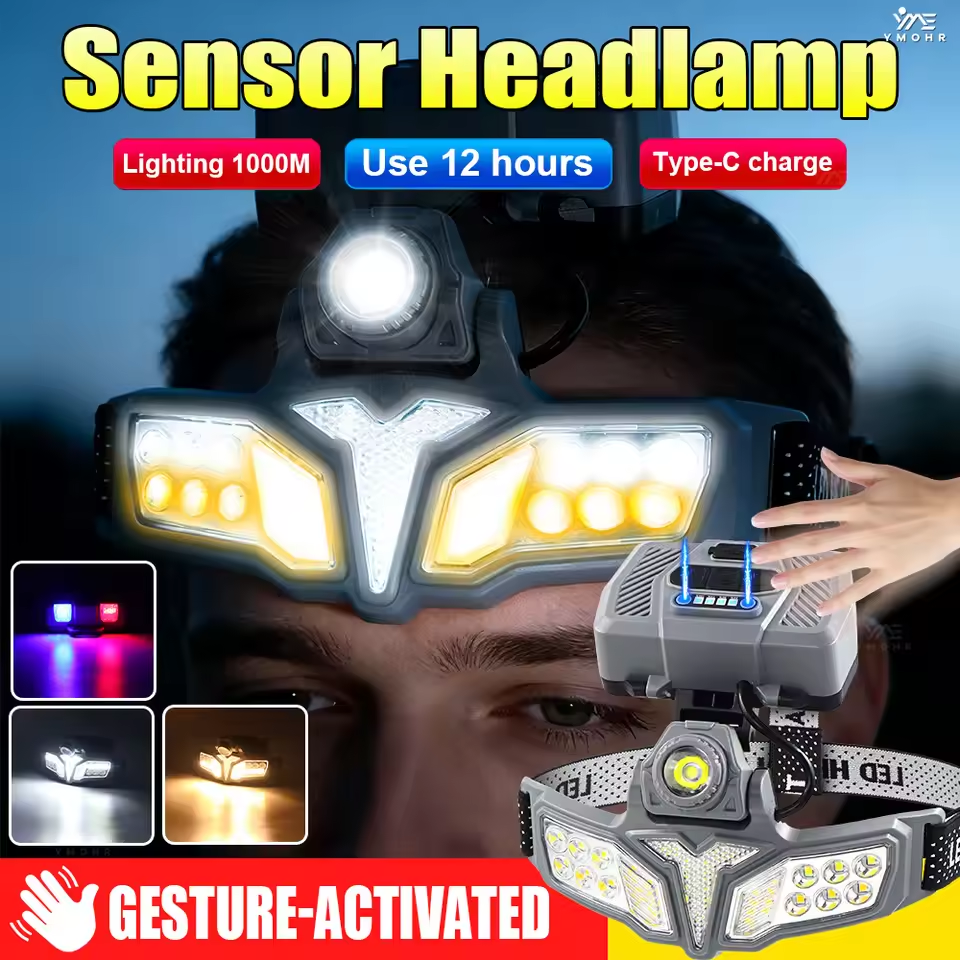 300Watts Newly Upgraded Smart Motion-Sensing Wide-angle Headlamp with Solar Charging Case | Gesture Control | 2400mAh Extended Battery Life | Red/Blue Emergency Warning Light
