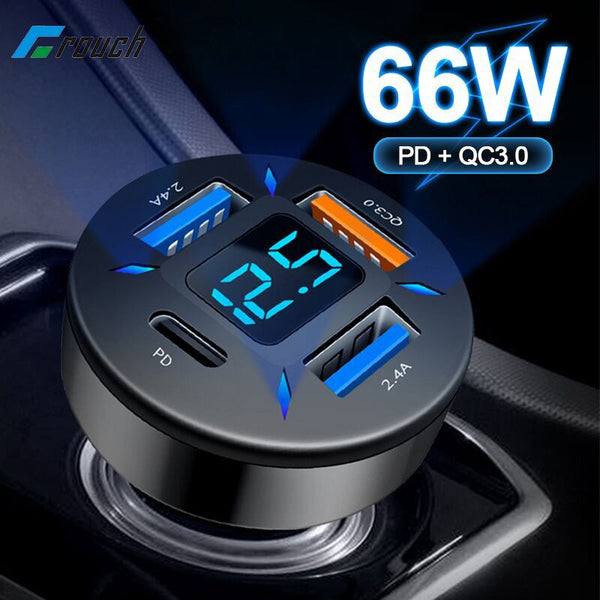 2PCS 66W 4 Ports USB Car Charger Fast Charging PD Quick Charge 3.0 USB Type-C Car Phone Charger Adapter For iPhone 13 12 Xiaomi Samsung