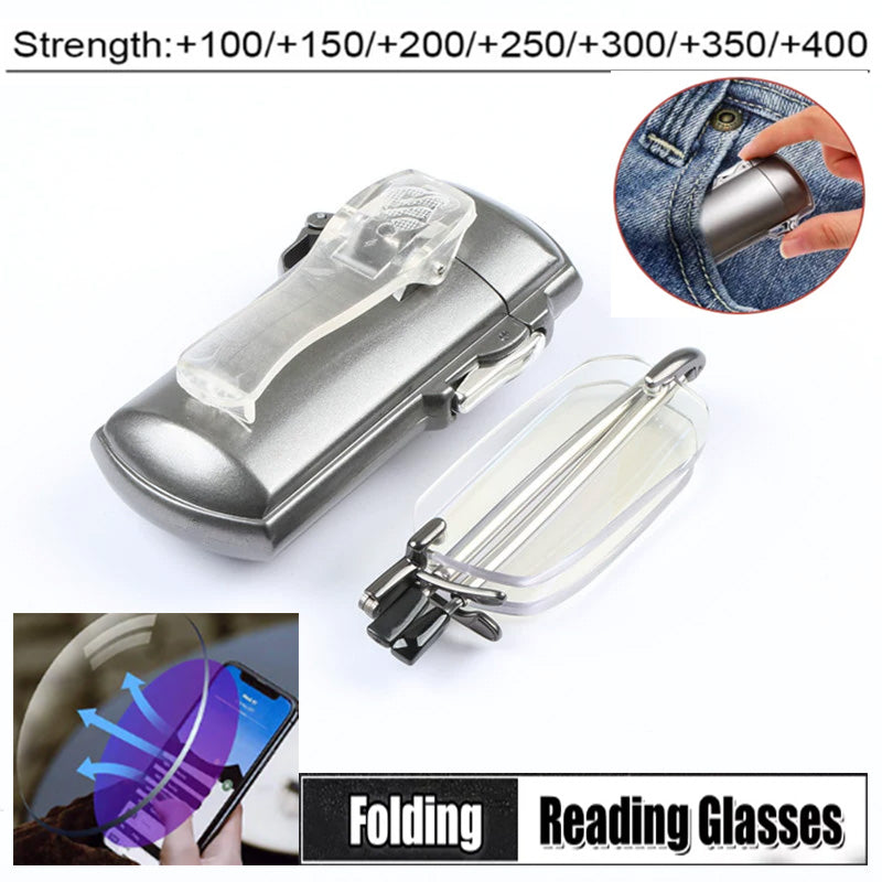 Portable Luxury Folding Frameless Reading Glasses With Belt Clip Case Adjustable Temples Eyeglass Presbyopic Glasses Men Women