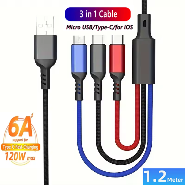 6A 3 In 1 USB A To Micro USB/Type C/8 Pin Charger Fast Charging Cable