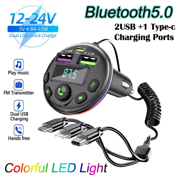 Car Bluetooth 5.0 FM Transmitter MP3 Modulator Player Hands-Free Audio Receiver Car Charger 3 Charging Ports with 3-in-1 Charging Cable for iPhone, Android Phones