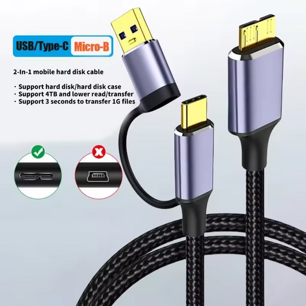 2 in 1 Type-C USB3.0 to Micro B Cable for External Hard Drive Case Disk Adapter for Laptop HDD Cord Computer
