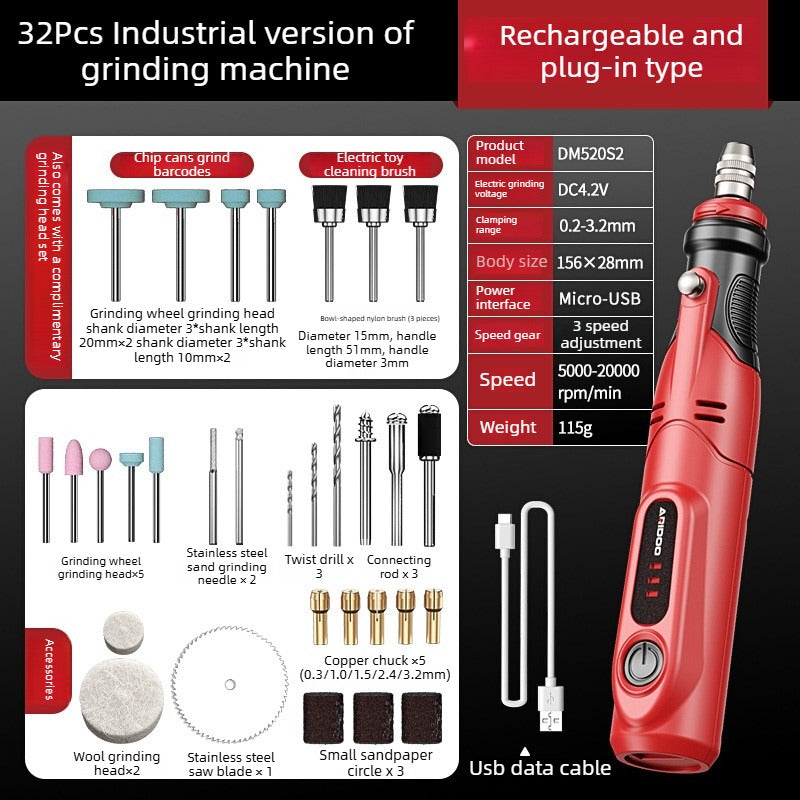 Portable Multi-Function Mini Grinding, Polishing and Engraving Machine | 32-Piece Accessory Set | Suitable for Metal, Wood, Jade, Plastic | Three-Speed Adjustment | USB Charging |