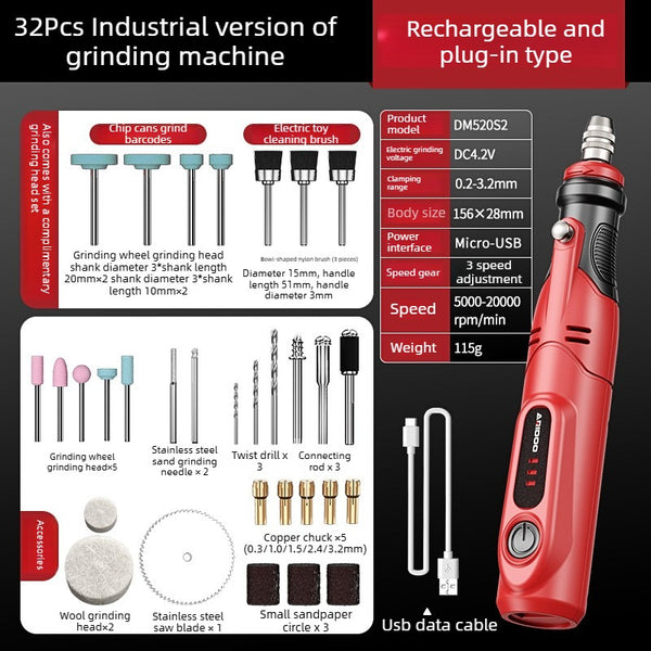 Portable Multi-Function Mini Grinding, Polishing and Engraving Machine | 32-Piece Accessory Set | Suitable for Metal, Wood, Jade, Plastic | Three-Speed Adjustment | USB Charging |