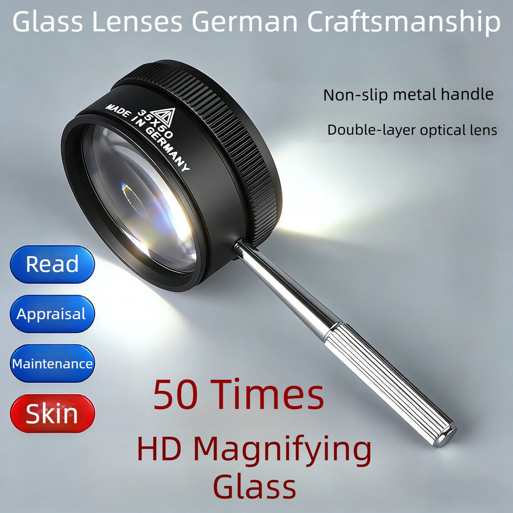 German Craftsmanship 50x High-Power Magnifier Double-Layer Optical Glass Lens Handheld Tool for Reading, Identification and Maintenance
