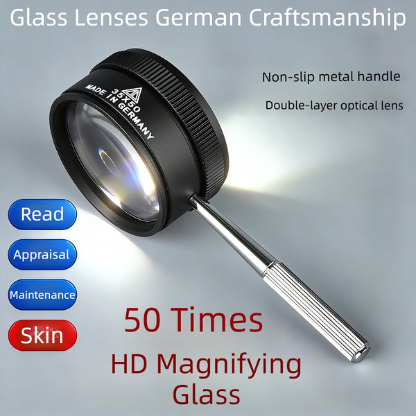 German Craftsmanship 50x High-Power Magnifier Double-Layer Optical Glass Lens Handheld Tool for Reading, Identification and Maintenance
