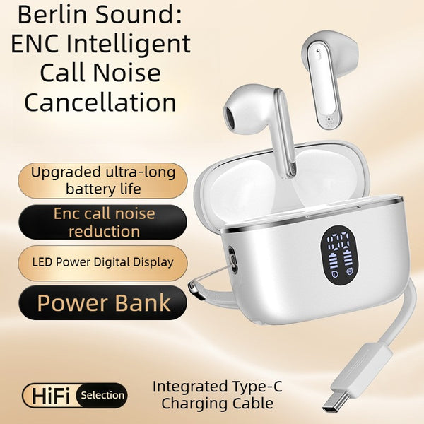New 2-in-1 Power Bank+TWS Bluetooth Earbuds ENC Noise Cancellation LCD Display Long Battery Life Included Type-C Charging Cable Reverse Charging Bluetooth 6.0 Low-Latency Gaming In-Ear Comfort Fit