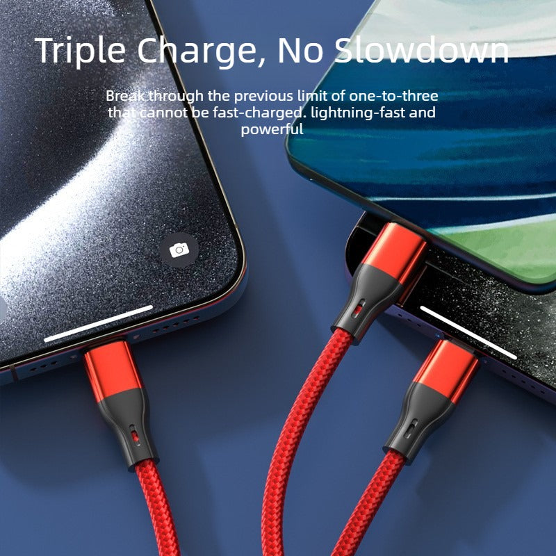 2Pcs Light-Equipped 100W Pure Copper Core Fast Charging Triple-Port Cable | Nylon Braided Single Cable for Three Devices Compatible with Huawei, Apple and Android Phones | Durable Car Fast Charging Data Cable