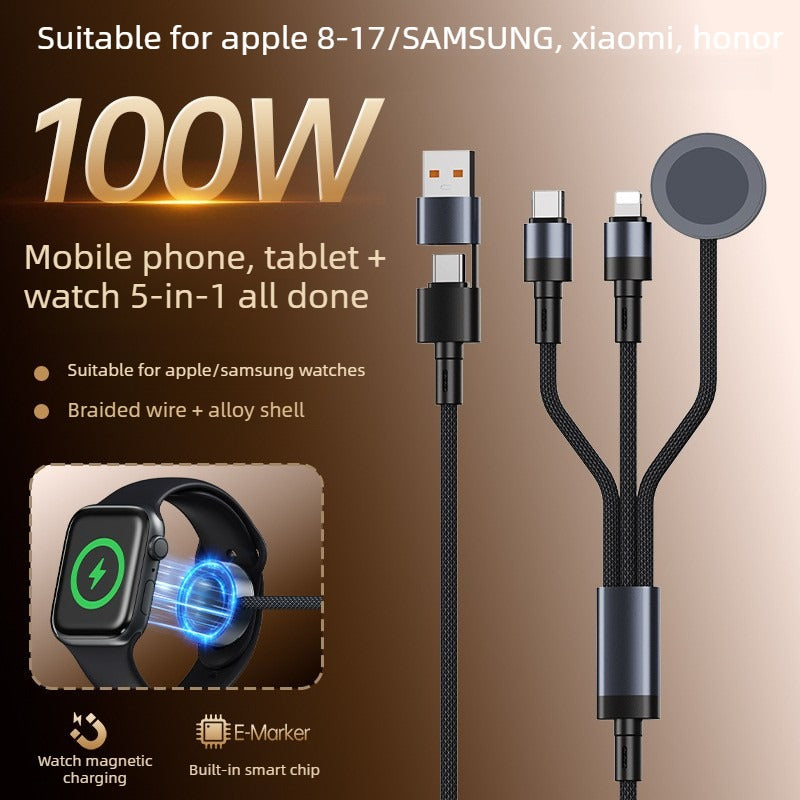 PD 100W 2-in-3 Braided Magnetic Watch Charging Cable – Fast Charging Data Cable for Samsung Watch, Apple Watch, iPhone, iPad, Laptop, Huawei, Xiaomi, Honor
