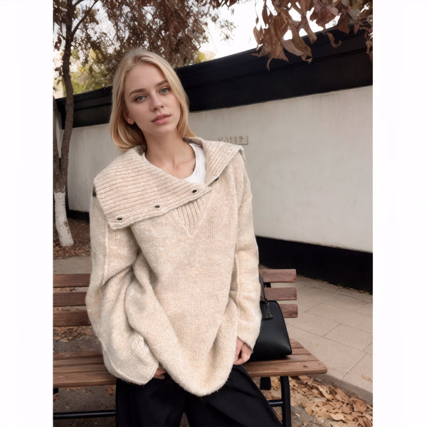 Warm Alpaca Wool Knit Sweater with Unique Large Collar, Versatile Double-wearable Design for Spring Season