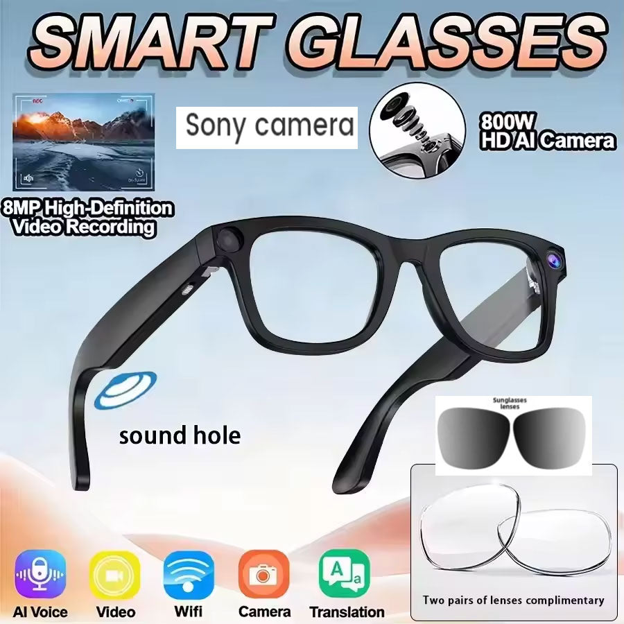 800W Camera Glasses BT AI Translate Smart Glasses Voice Call Music Sunglasses 1080P Video Recording Sound Record Anti-blue Light