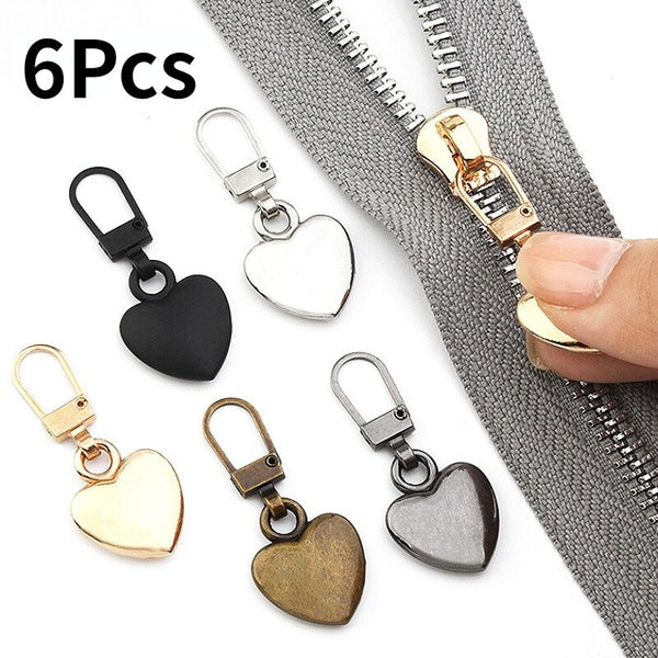 6pcs Detachable Metal Zipper Pullers Heart Shape Zipper Sliders Head Zipper Pull Tab DIY Sewing Zippers Repair Kits