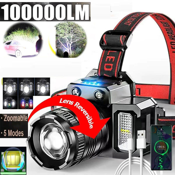 100000LM 5 Mode Light LED Sensor Headlamp Camping Search Light Head Flashlight Rechargeable Powerful Headlights