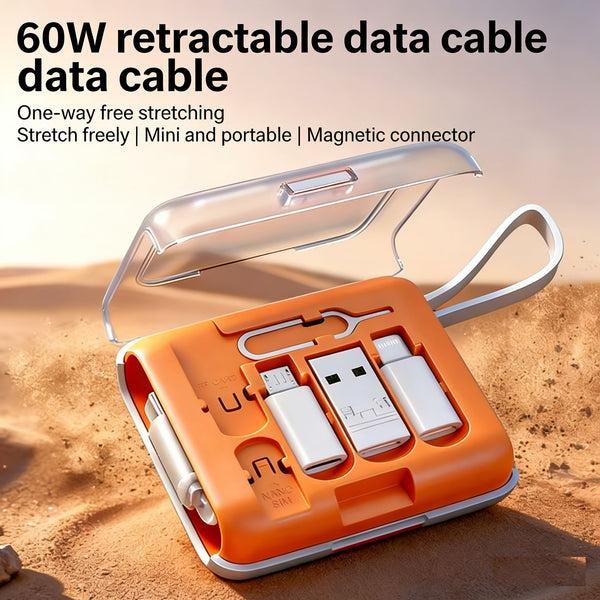 60W Retractable Data Cable Multi-Function Charging Cable Four-Stage Length Adjustment Includes Storage Case Stand Type-C/Lightning/USB/Micro Compatible with Apple iPhone 15/16/17 and Android Devices Supports PD Fast Charging Includes SIM Eject Tool