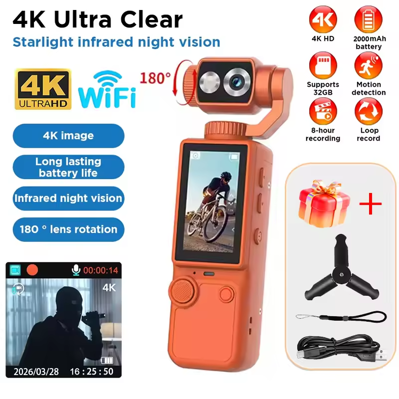 4K Ultra HD 8 Hours Recording Pocket Action Camera | 180° Rotatable Lens, Infrared Night Vision, WiFi & 2000mAh Battery with Bracket| Portable Vlogging, Outdoor Sports, Conference & Meeting Recorder