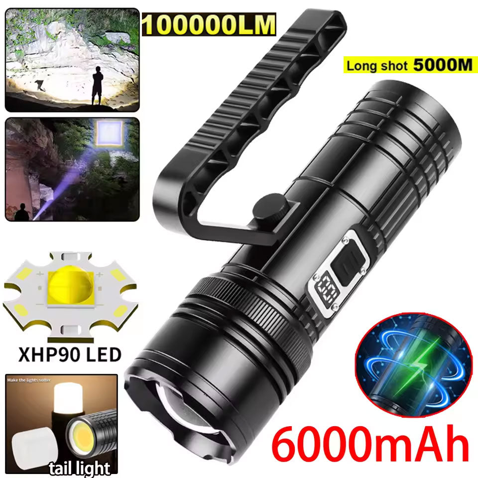 100,000LM XHP90 + COB Tri-Colour Light Handheld Torch with Digital Display High-Intensity Flashlight with Detachable Handle Featuring 6000mAh Battery for Extra-Long Battery Life
