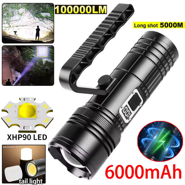 100,000LM XHP90 + COB Tri-Colour Light Handheld Torch with Digital Display High-Intensity Flashlight with Detachable Handle Featuring 6000mAh Battery for Extra-Long Battery Life