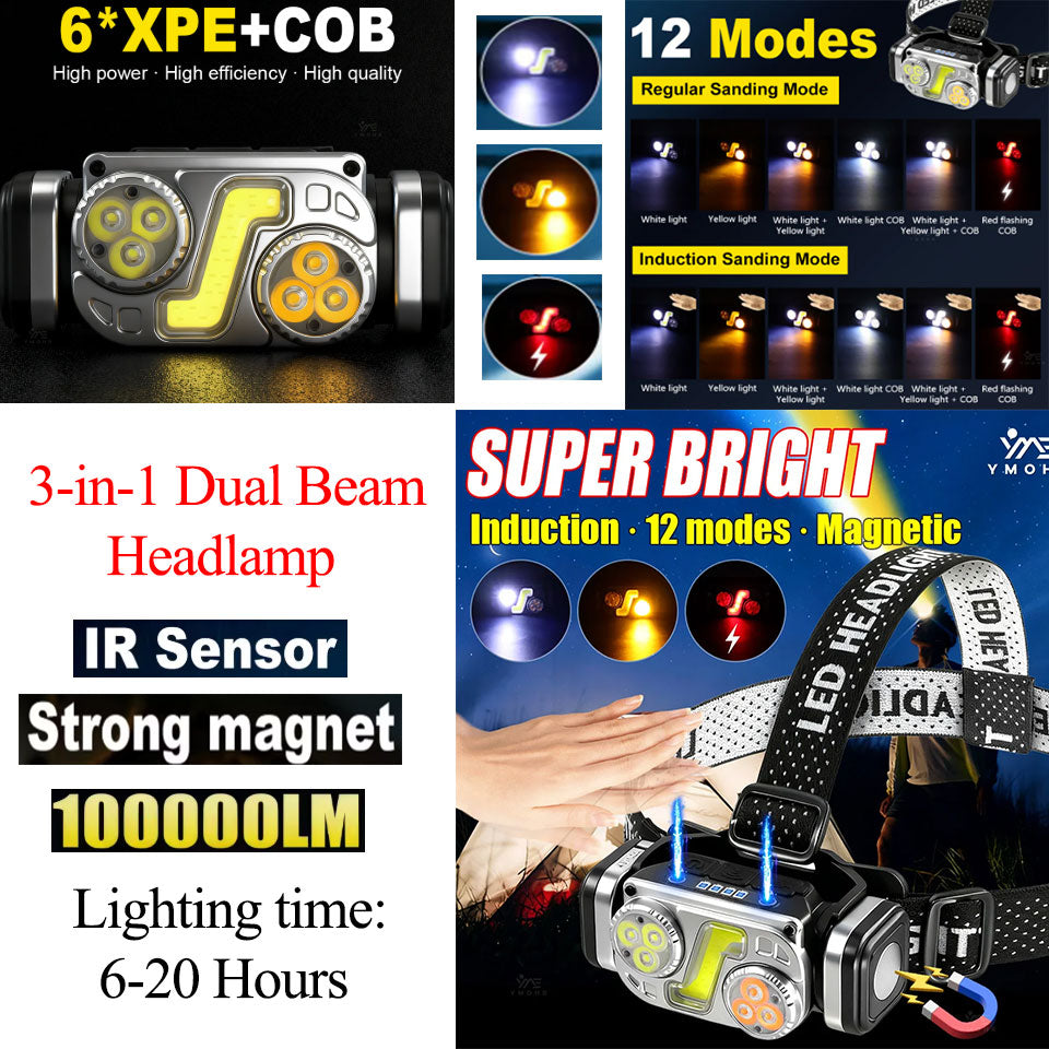 100000LM 3-in-1 Dual Beam 6XPE+COB IR Sensor Headlamp 12 Lighting Modes Lighting time 20 Hours Waterproof Strong Magnetic Tail Cap Headlamp