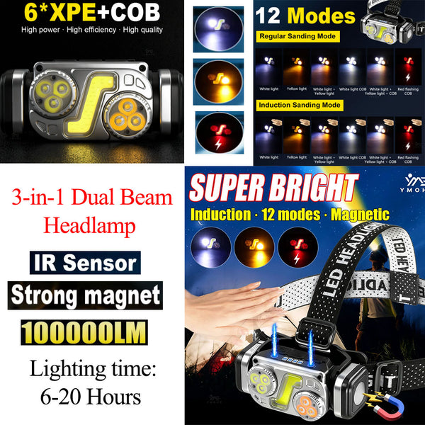 100000LM 3-in-1 Dual Beam 6XPE+COB IR Sensor Headlamp 12 Lighting Modes Lighting time 20 Hours Waterproof Strong Magnetic Tail Cap Headlamp