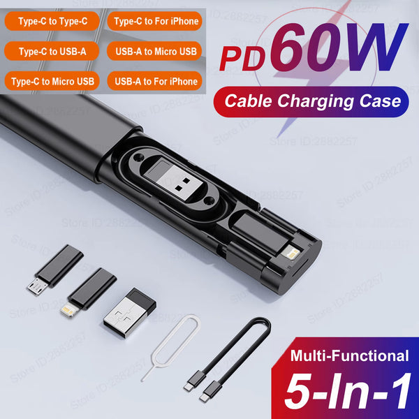 5-in-1 PD60W Fast Charge Cable Conversion Adapter USB Micro iPhone Conversion Adapter USB C to Type C Cable Card Storage Case