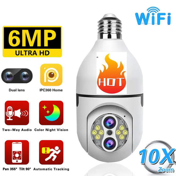 Newest 1080P E27 Bulb Wireless Security Dual Lens Camera Wifi Full-color Night Vision Automatic Human Tracking 10X Optical Zoom Home Monitor Cam