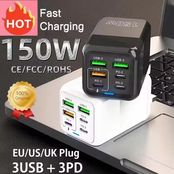 6 IN 1 New 150W 6 Ports Fast Charging Mobile Phone Charger with 3USB and 3PD Type-c Charger US/EU/UK Plug