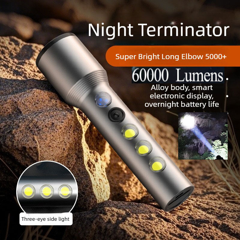 60,000LM LED High-Intensity Torch | Ultra-Bright Long-Range 5000+ Metres | Aluminium Alloy Body | Rechargeable | Integrated Side Light Camping Lamp | Intelligent Battery Indicator