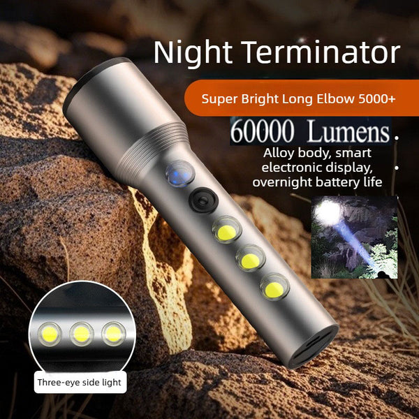 60,000LM LED High-Intensity Torch | Ultra-Bright Long-Range 5000+ Metres | Aluminium Alloy Body | Rechargeable | Integrated Side Light Camping Lamp | Intelligent Battery Indicator