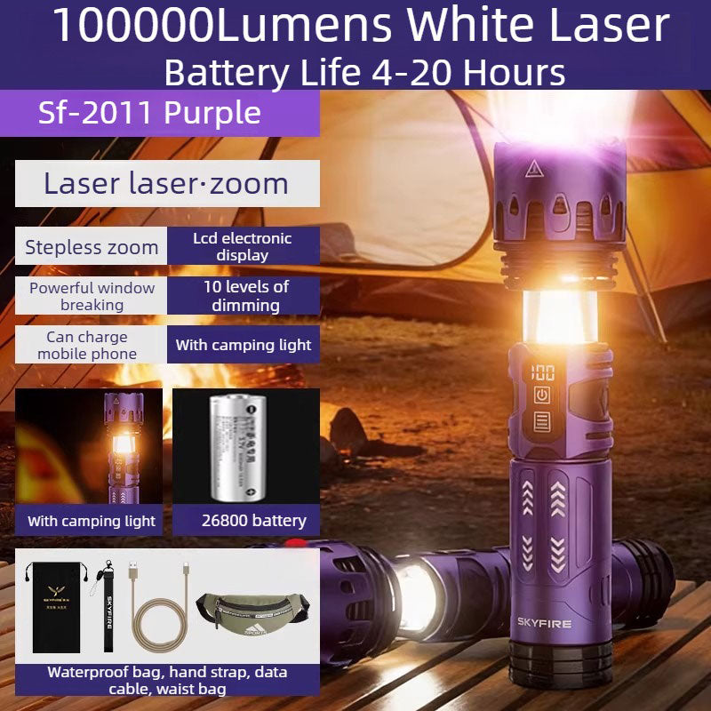 SKYFIRE White Light Laser Torch - 100,000 Lumens, Rechargeable, 5000mAh 26800 Battery, Variable Focus, with 360° Camping Light, LCD Display, Waterproof, 20-Hour Endurance