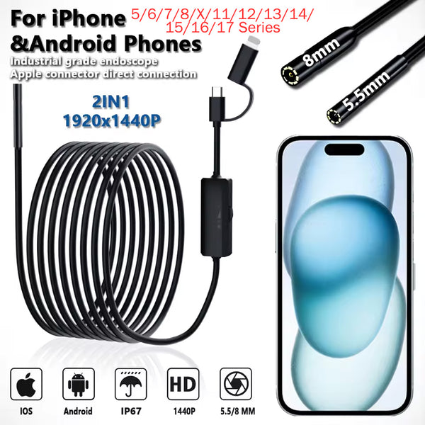 2 in 1 iPhone&Android phone 5.5/8mm Endoscope Car Pipe Automotive Boroscope Sewer Inspection Tools Endoscopy Camera Device