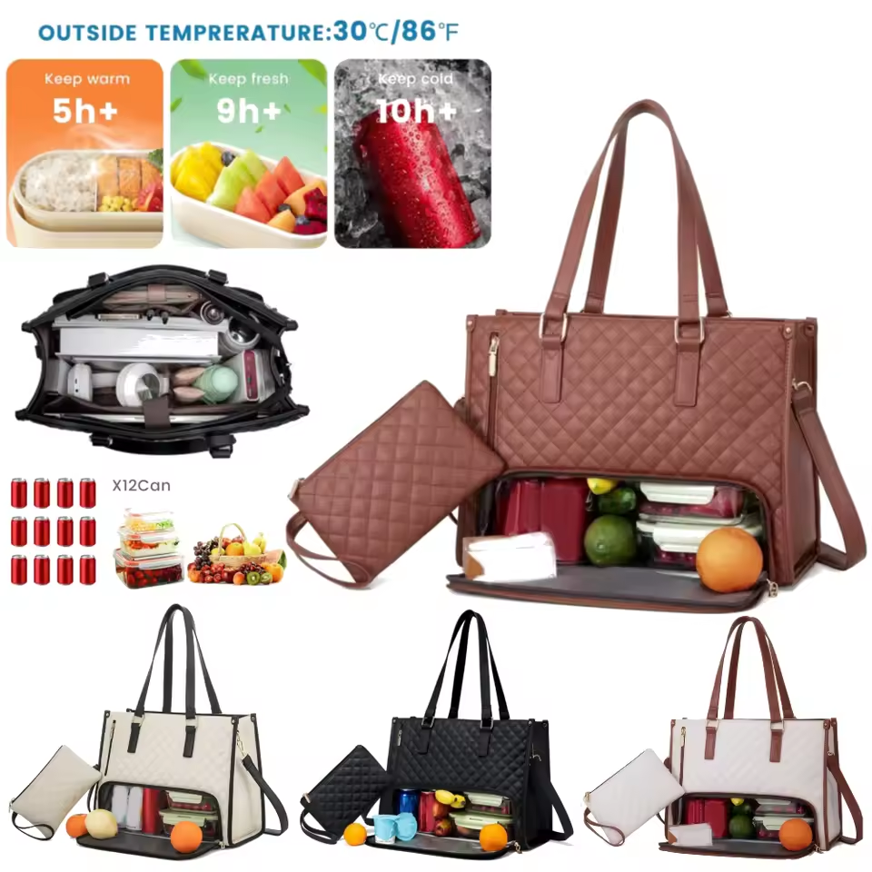 Women 2-in-1 Lunch Bag Multi-Function Business Lunch Bag Multi-Compartment Quilted Handbag with Purse Large Capacity for Camping Picnic