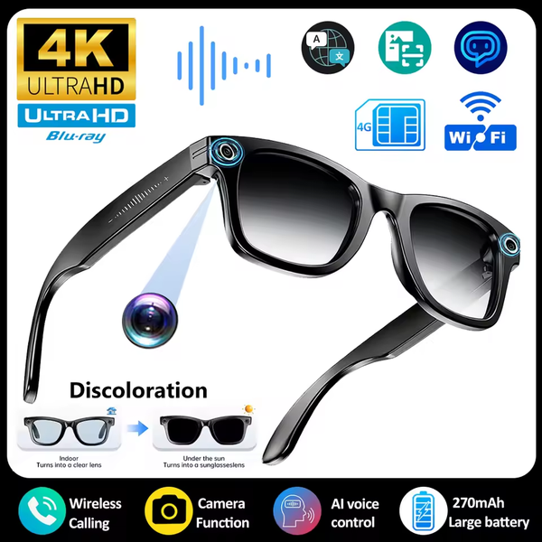2026 800W HD Camera Color-Changing Glasses BT AI Voice Translate Smart Glasses Voice Call Music Sunglasses 4K Video Recording Sound Record