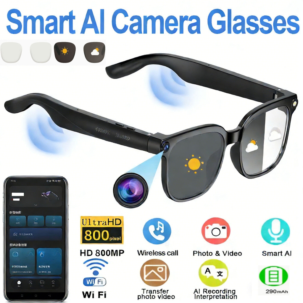 800W Camera Glasses BT AI Translate Smart Glasses Voice Call Music Sunglasses 1080P Video Recording Sound Record Anti-blue Light