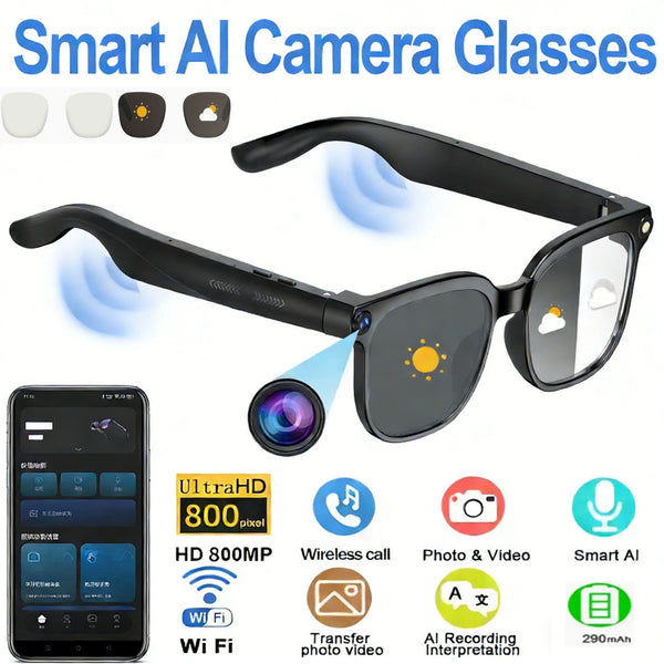 800W Camera Glasses BT AI Translate Smart Glasses Voice Call Music Sunglasses 1080P Video Recording Sound Record Anti-blue Light