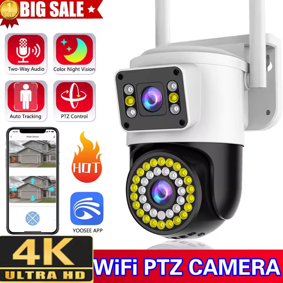 4K Camera Dual Lens Wifi Camera 8MP Dual Screen Auto Tracking Two Way Audio Night Vision Security Camera US/EU/UK Plug