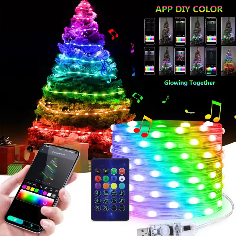 New DIY RGB Illuminated Christmas Tree Light String, Bluetooth App Controlled, Festive Season Decorations, Suitable for Party Rooms and Outdoor Camping Atmosphere Lighting
