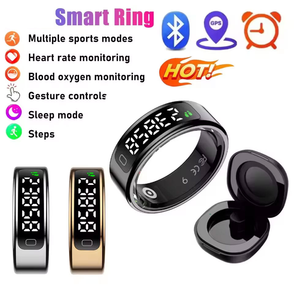 Smart Display Sport Health Monitoring Ring with Charging Case Touchscreen Heart Rate and Blood Oxygen Monitoring + Remote Camera Control + 5ATM Water Resistance