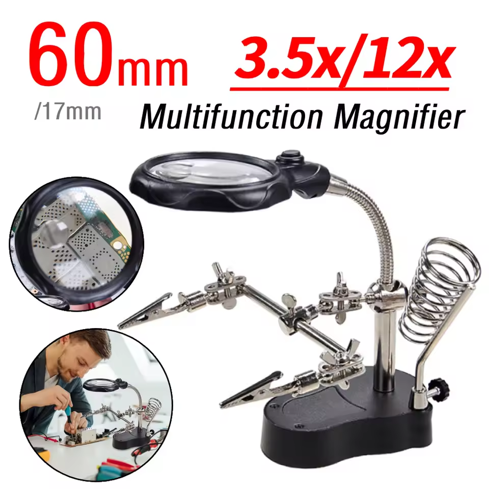 3.5X-12X Lens Magnifying Glass with LED Lights & Flexible Stand | 12X/3.5X Zoom | Soldering Iron Holder | Adjustable Clamps for Circuit Board Repair, Crafting, and Hobby Work