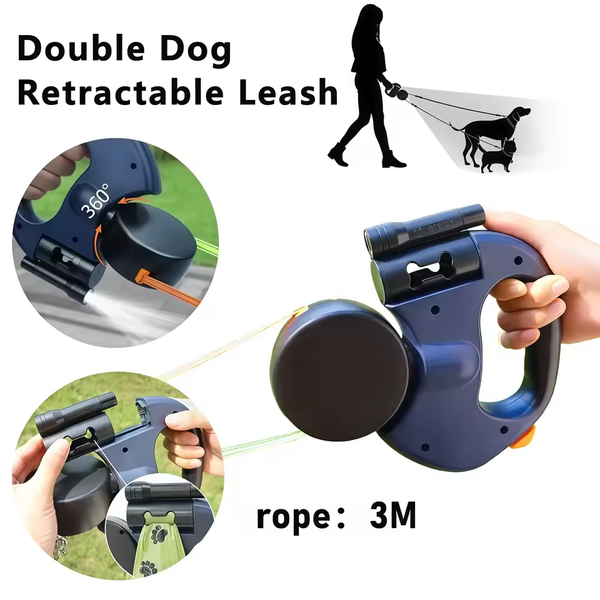 Premium 3M Retractable Double Dog Leash For Small Medium Dogs Reflective 360 Swivel No Tangle Walking Pet Lead With LED Lights