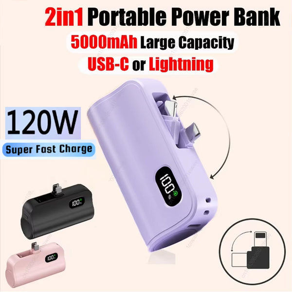 Mini 5000mAh 120W Fast Charge Power Bank 2-in-1 Type-C iPhone Plug Large Capacity Digital Display Capsule Power Bank