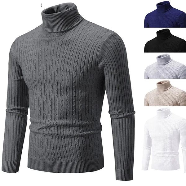 Men's High Neck Sweater Solid Color Pullover Knitted Warm Casual Turtleneck Sweatwear Winter Outdoor Tops