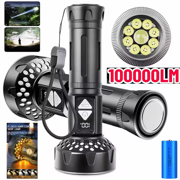 100000lm 9-Core Explosion-proof White Laser Tactical Torch COB Camping Light Magnetic Suction with Power Digital Display Function