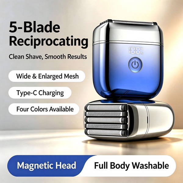 New 5-Blade Reciprocating Electric Shaver | Magnetic Docking & Washable | LED Display | Type-C Portable Mini Shaver