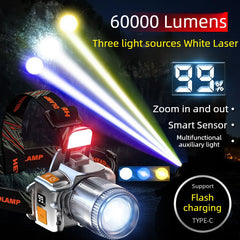 60,000LM White Laser 3-Light Source White/Yellow/Blue Smart Motion-Sensing Headlamp Stepless Zoom + LCD Battery Display Red Zuxiliary Light
