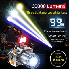 60,000LM White Laser 3-Light Source White/Yellow/Blue Smart Motion-Sensing Headlamp Stepless Zoom + LCD Battery Display Red Zuxiliary Light